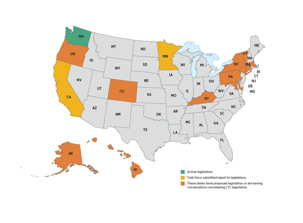 US map showing states with active legislation or considering legislation.