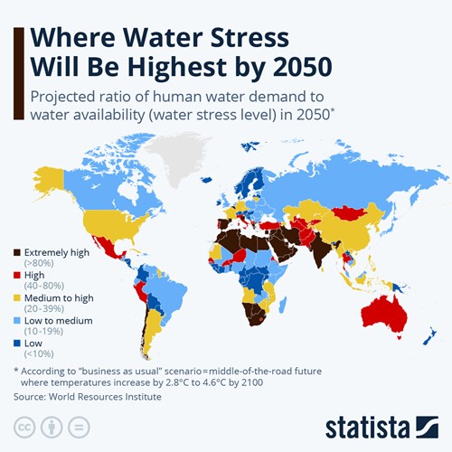 Map showing regions that will be water stressed by 2050