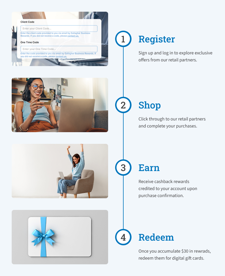 Graphic illustrating a 4-step procedure for using the Gallagher Business Rewards platform. Step 1: REGISTER - Sign up to explore offers from our retail partners. Step 2: SHOP - Make purchases through the platform's retail partners. Step 3: EARN — Receive cashback rewards credited to your account. Step 4: REDEEM - Once you earn $30 in cashback rewards, redeem for gift cards.