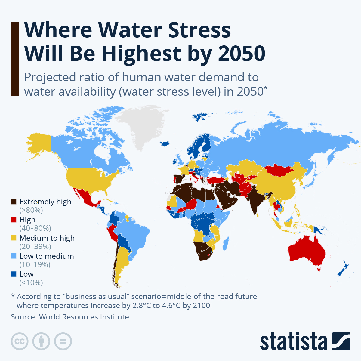 Map showing regions that will be water stressed by 2050