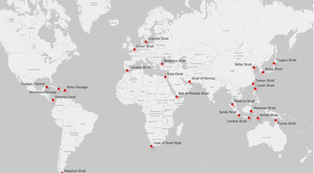 Map showing 24 maritime regions where global trade is at risk.